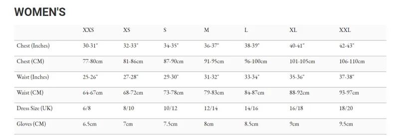 Endura Clothing Women's Size Guide