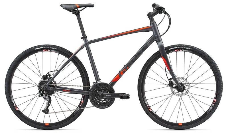 2018 Giant Escape 1 Disc Hybrid Bike In Charcoal Neon Red
